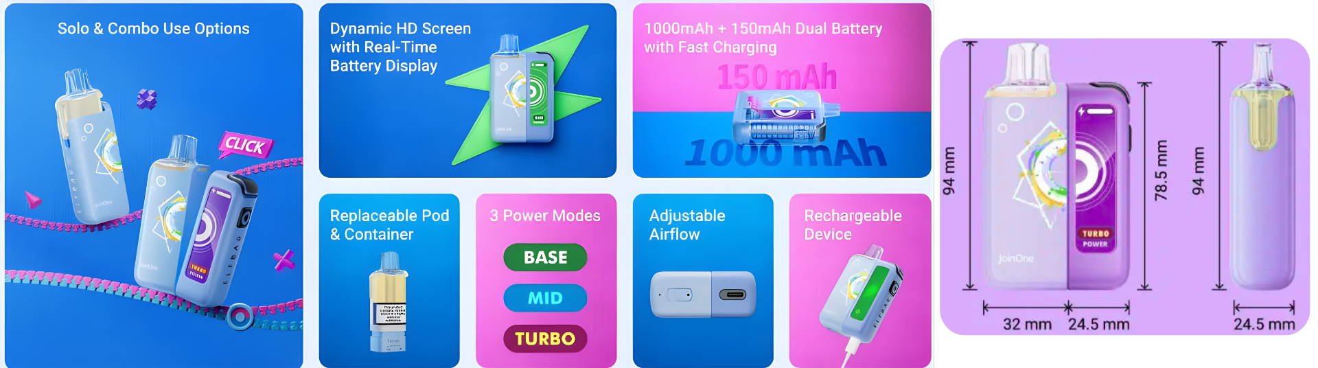 Elf Bar JoinOne15 Classic Prefilled Pod Kit Specifications - 2ml Pod Capacity with 10ml Auto-Refill, 150mAh + 1000mAh Battery, QUAQ Dual Mesh, 20mg Nicotine Strength