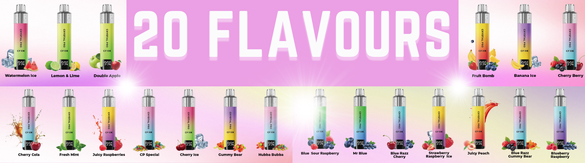Crystal Pro CP 10K Prefilled Pod Kit featuring 20 expertly crafted flavours, including fruity blends, icy menthol, and nostalgic sweet shop favourites for UK vapers