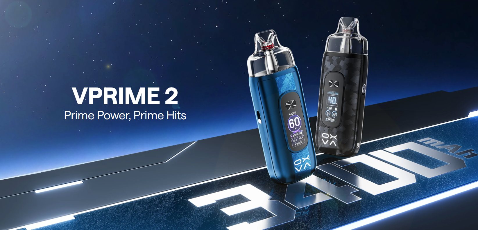 Oxva VPrime 2 refillable pod vape kit in Mirage Blue and Shard Black